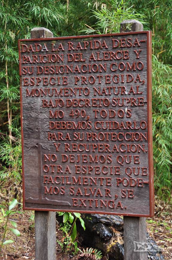 Placa informativa em trilha no parque de Pumalín, região de Chaitén, na Carretera Austral, sul do Chile